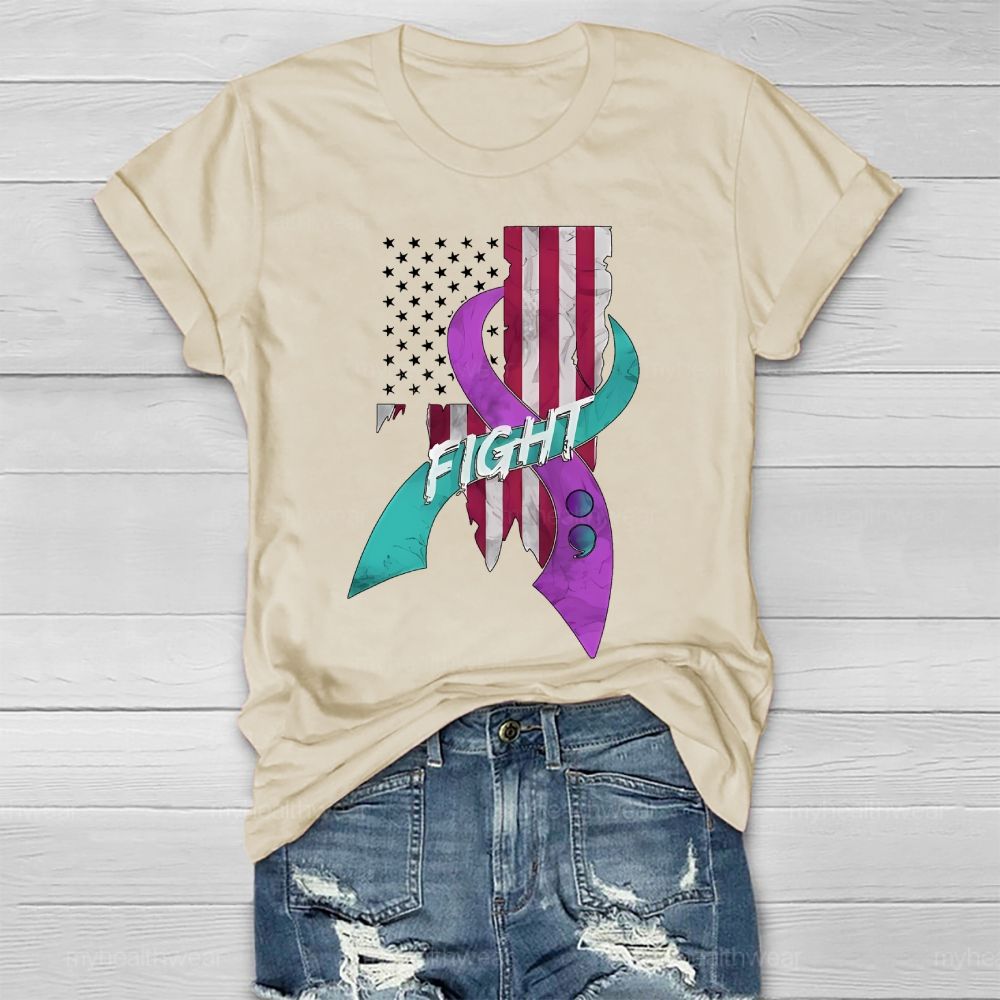 Fight Teal And Purple Ribbons Flag  Healthwear T-shirt