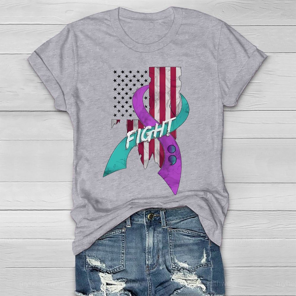 Fight Teal And Purple Ribbons Flag  Healthwear T-shirt