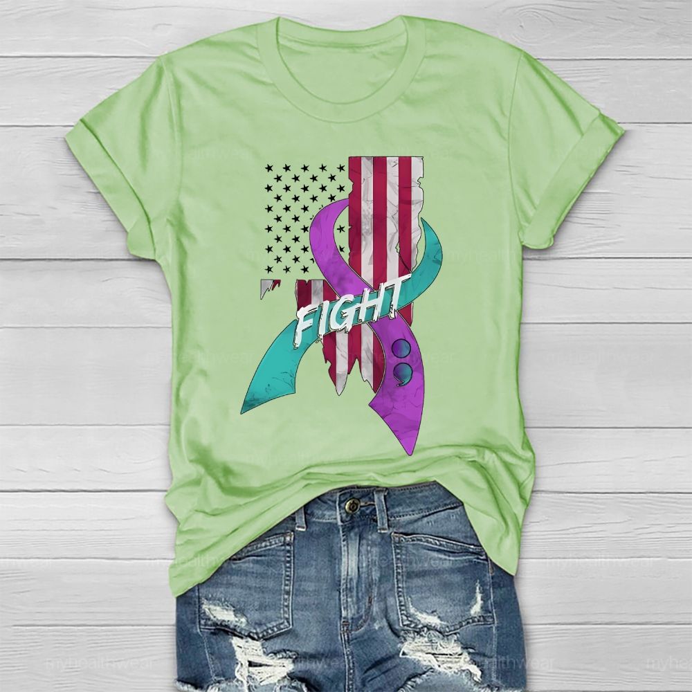 Fight Teal And Purple Ribbons Flag  Healthwear T-shirt