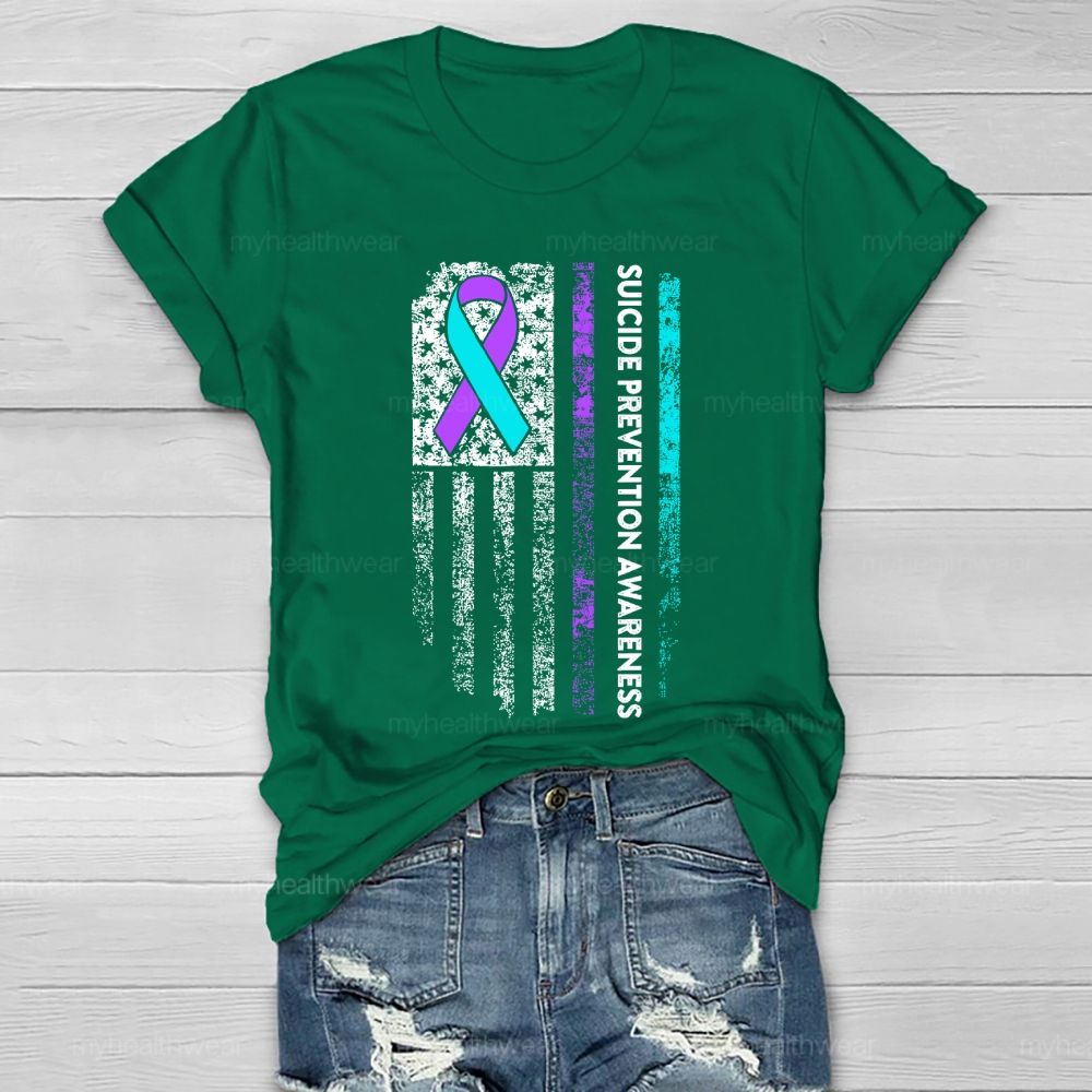 Suicide Prevention Awareness Teal Purple Ribbon Flag Healthwear T-shirt