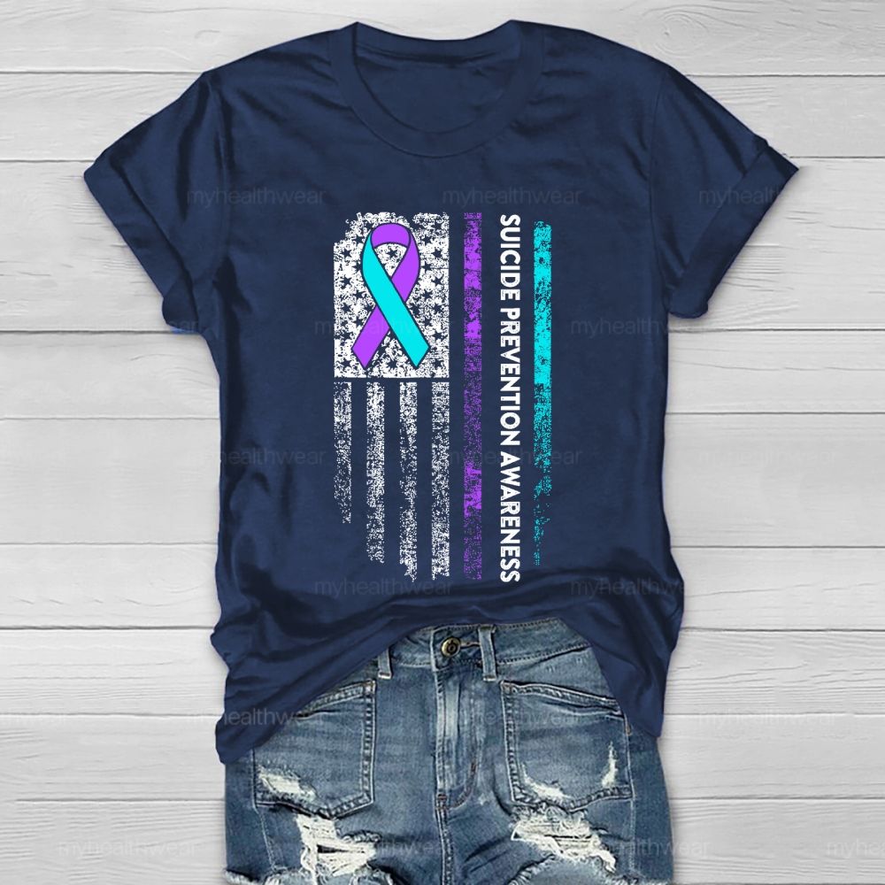 Suicide Prevention Awareness Teal Purple Ribbon Flag Healthwear T-shirt