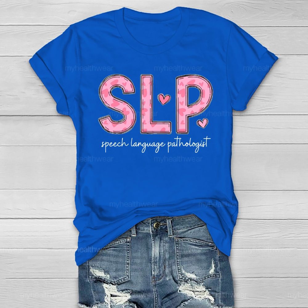 Slp Speech Language Therapist Pink Heart Letters Healthwear T-shirt