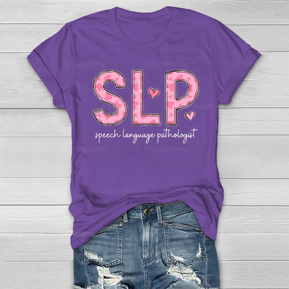 Slp Speech Language Therapist Pink Heart Letters Healthwear T-shirt