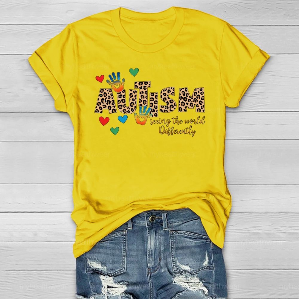 Autism Seeing The World Differently Leopard Print Letters Handprint Healthwear T-shirt