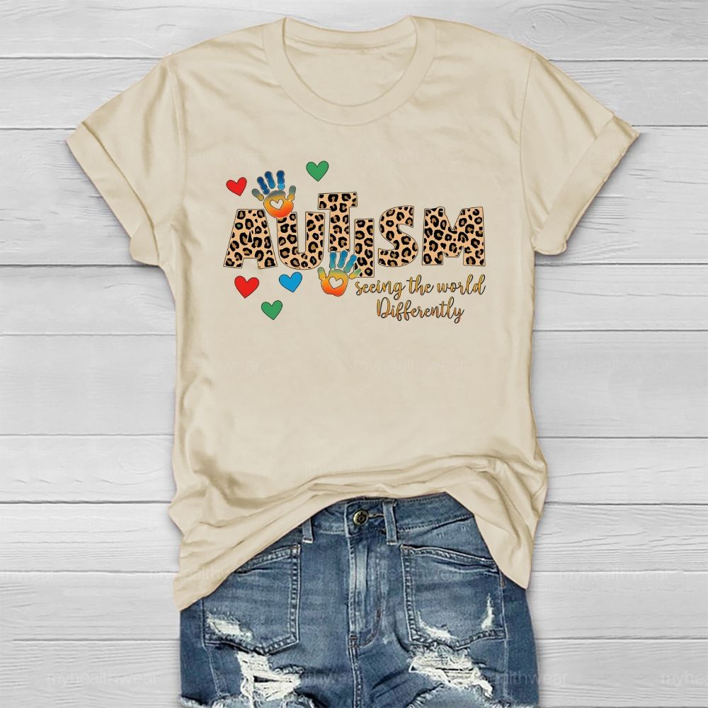 Autism Seeing The World Differently Leopard Print Letters Handprint Healthwear T-shirt
