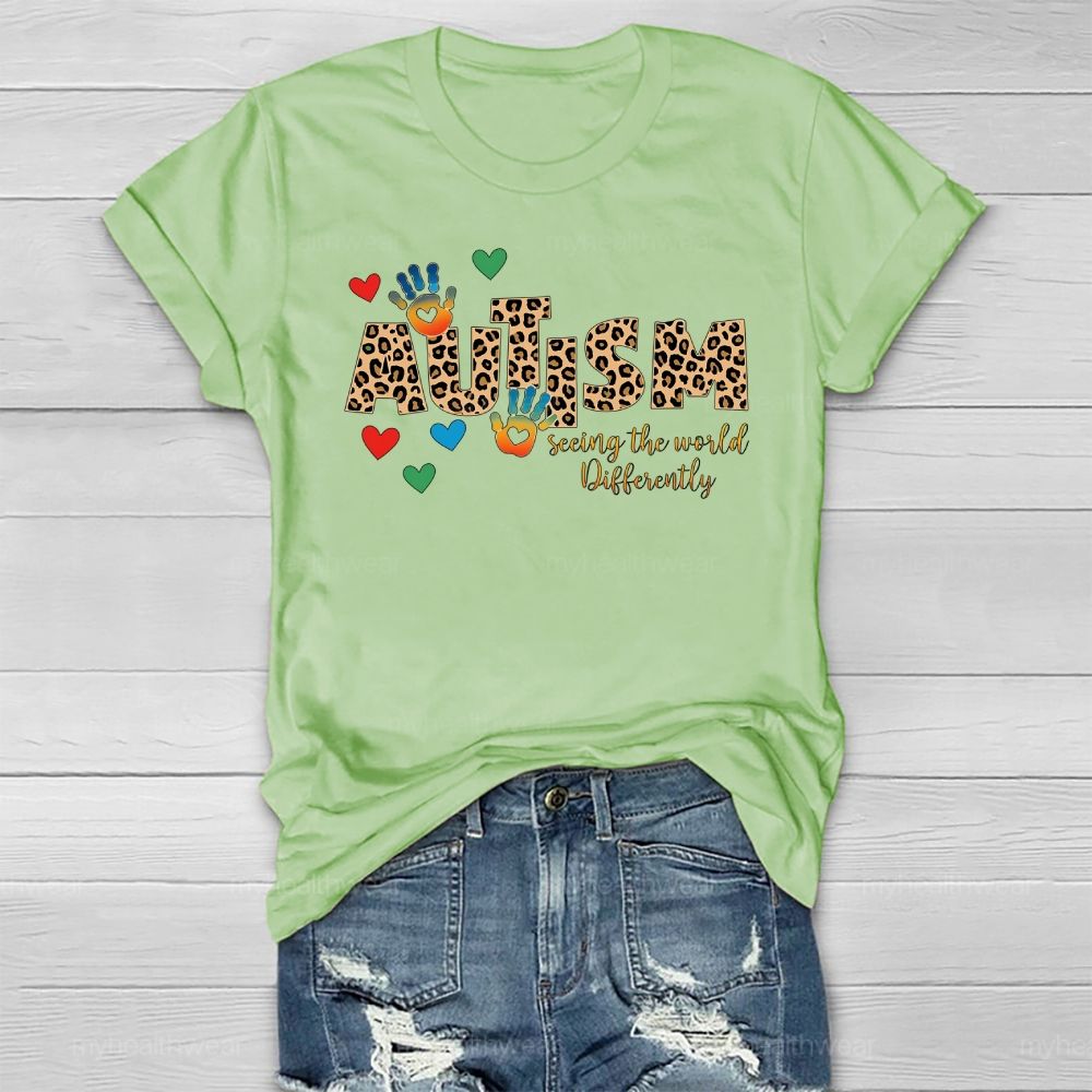 Autism Seeing The World Differently Leopard Print Letters Handprint Healthwear T-shirt
