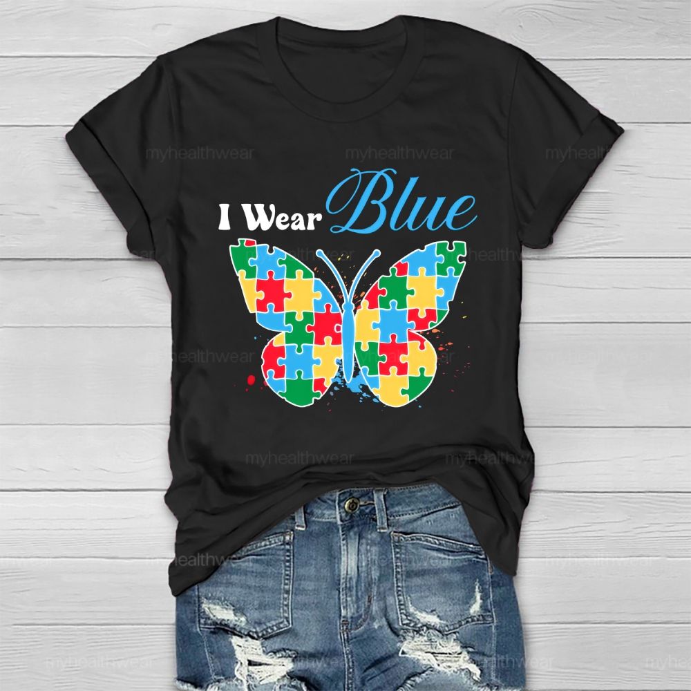 I Wear Blue Autism Puzzle Butterfly Healthwear T-shirt