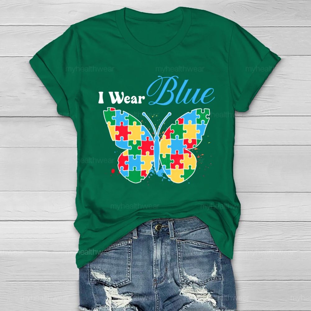 I Wear Blue Autism Puzzle Butterfly Healthwear T-shirt
