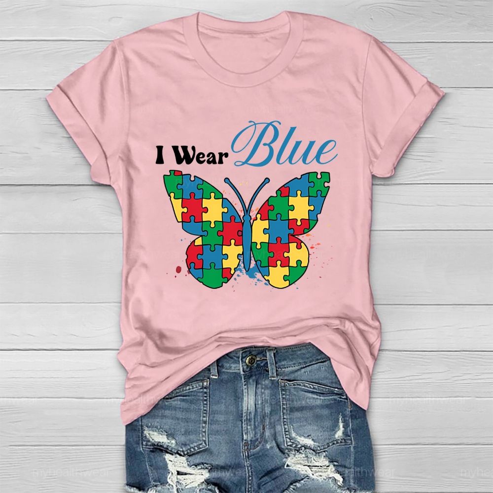 I Wear Blue Autism Puzzle Butterfly Healthwear T-shirt