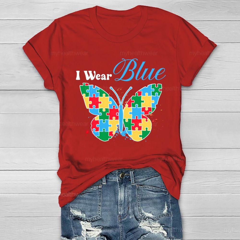 I Wear Blue Autism Puzzle Butterfly Healthwear T-shirt