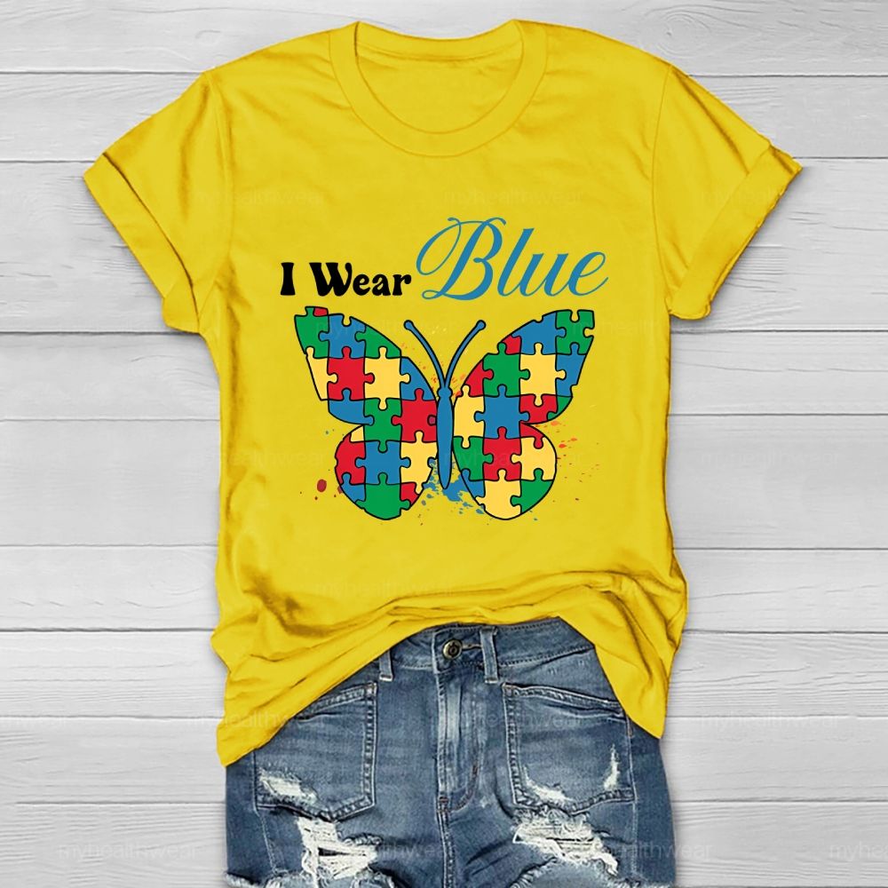 I Wear Blue Autism Puzzle Butterfly Healthwear T-shirt