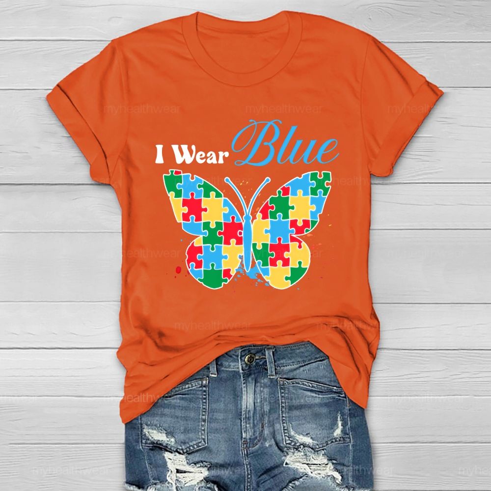 I Wear Blue Autism Puzzle Butterfly Healthwear T-shirt