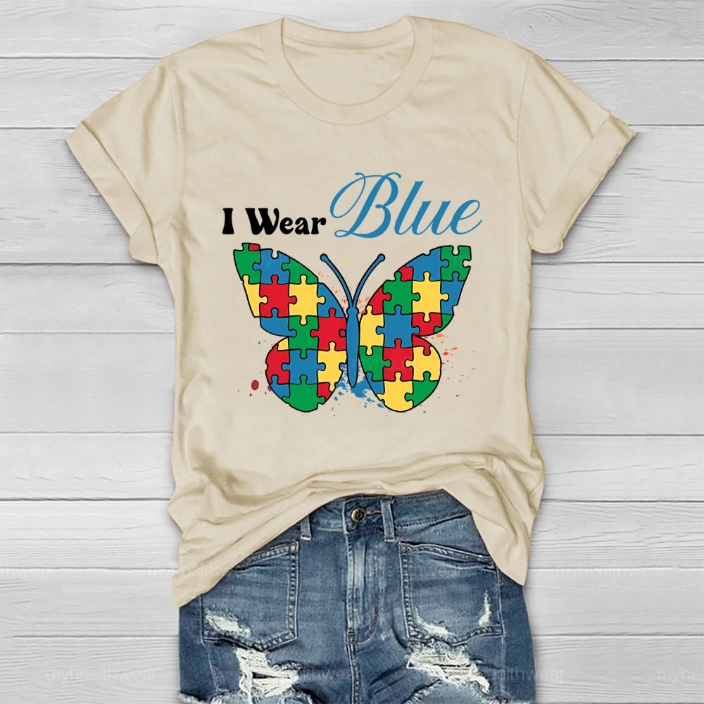I Wear Blue Autism Puzzle Butterfly Healthwear T-shirt