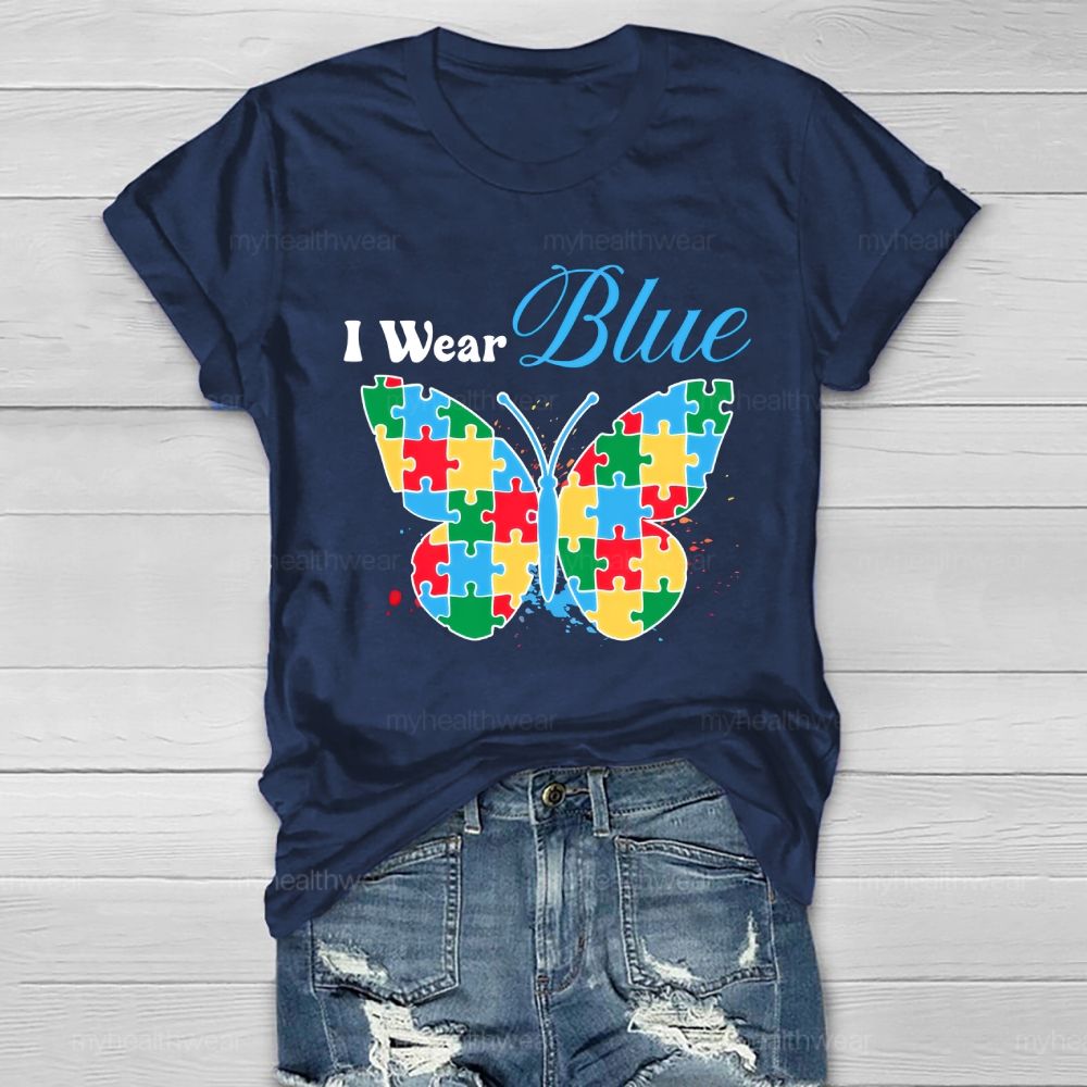 I Wear Blue Autism Puzzle Butterfly Healthwear T-shirt