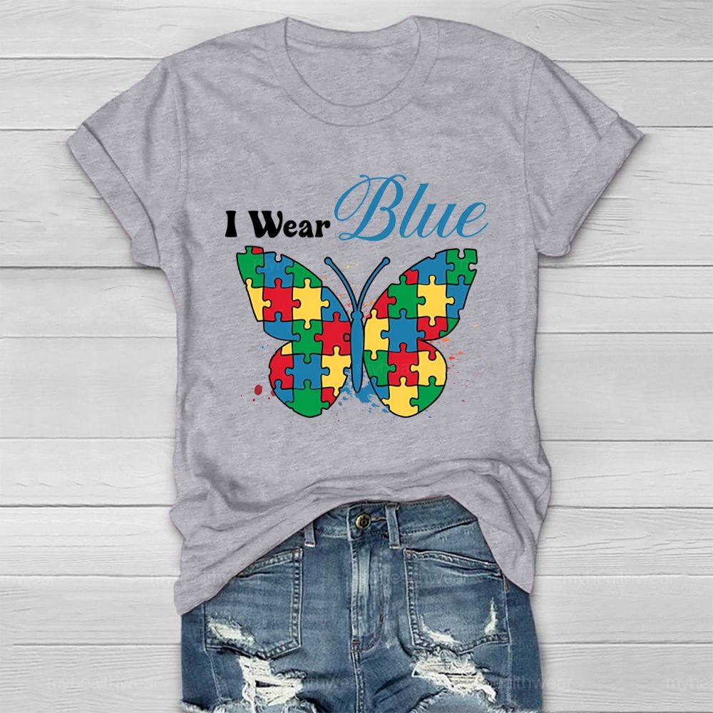 I Wear Blue Autism Puzzle Butterfly Healthwear T-shirt