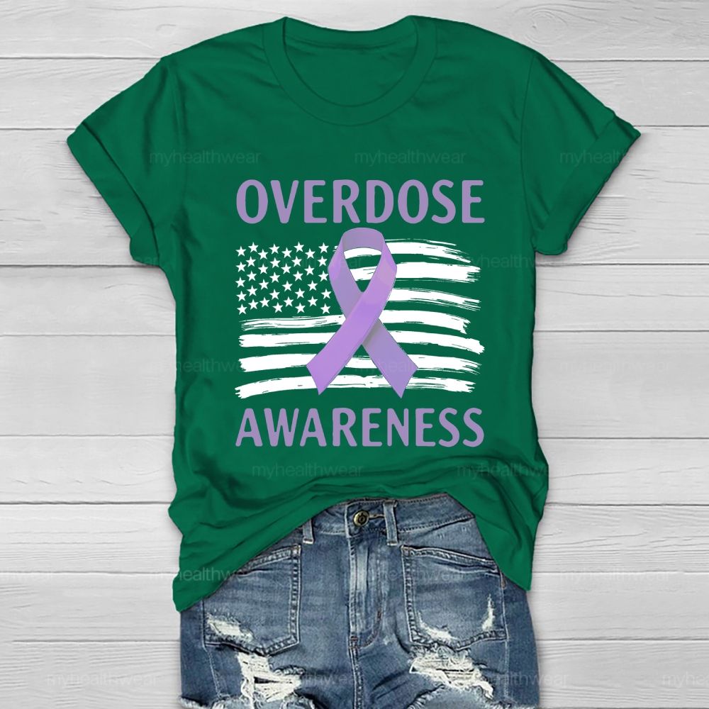 Overdose Awareness Purple Ribbon Flag Healthwear T-shirt