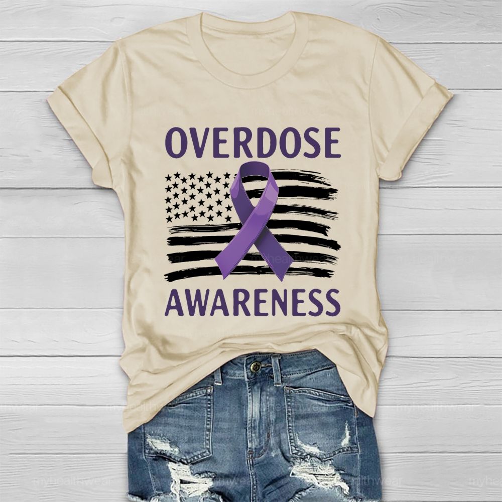 Overdose Awareness Purple Ribbon Flag Healthwear T-shirt