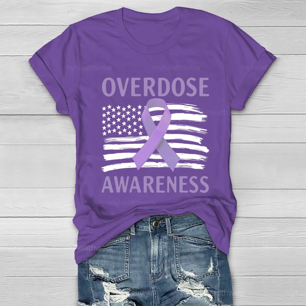Overdose Awareness Purple Ribbon Flag Healthwear T-shirt