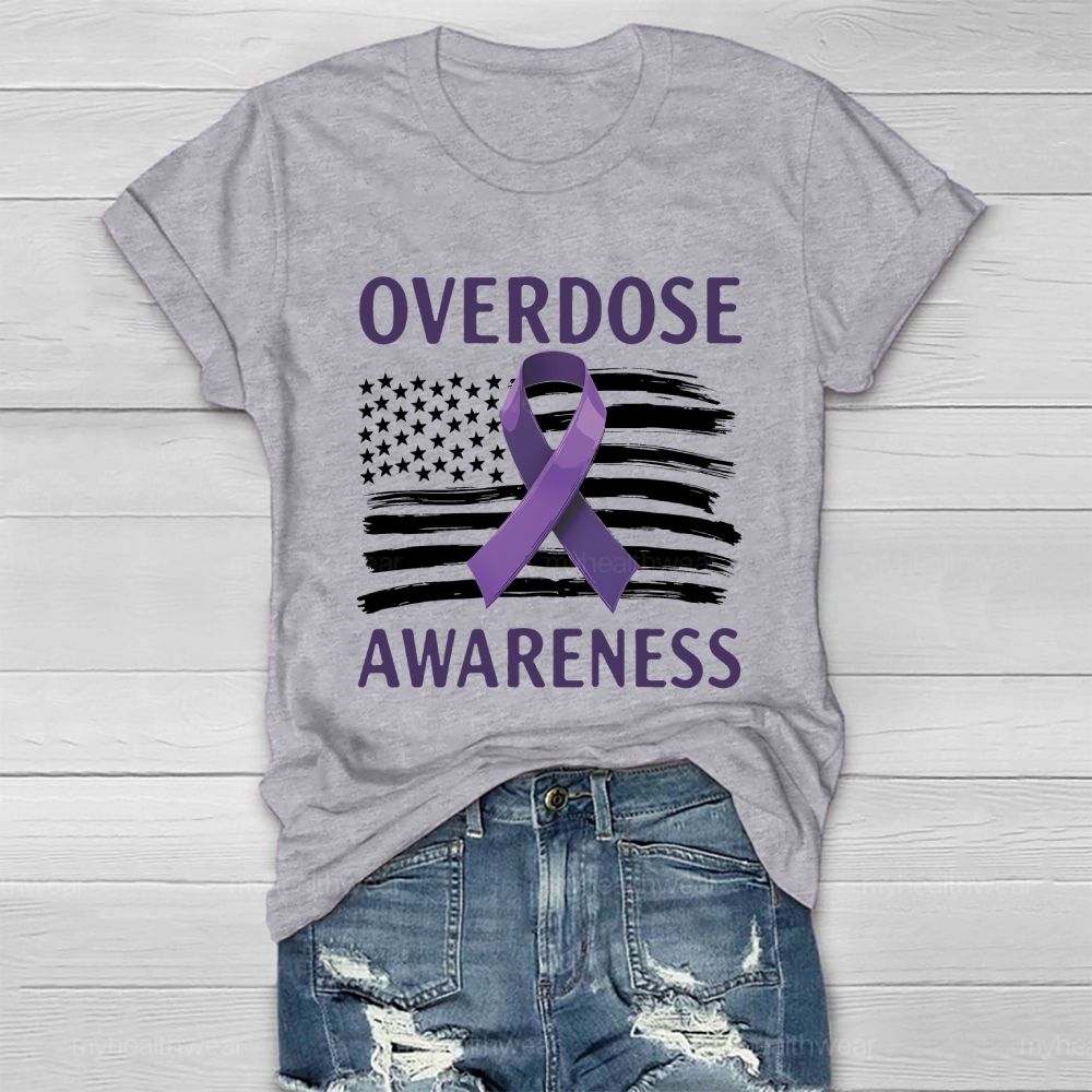 Overdose Awareness Purple Ribbon Flag Healthwear T-shirt