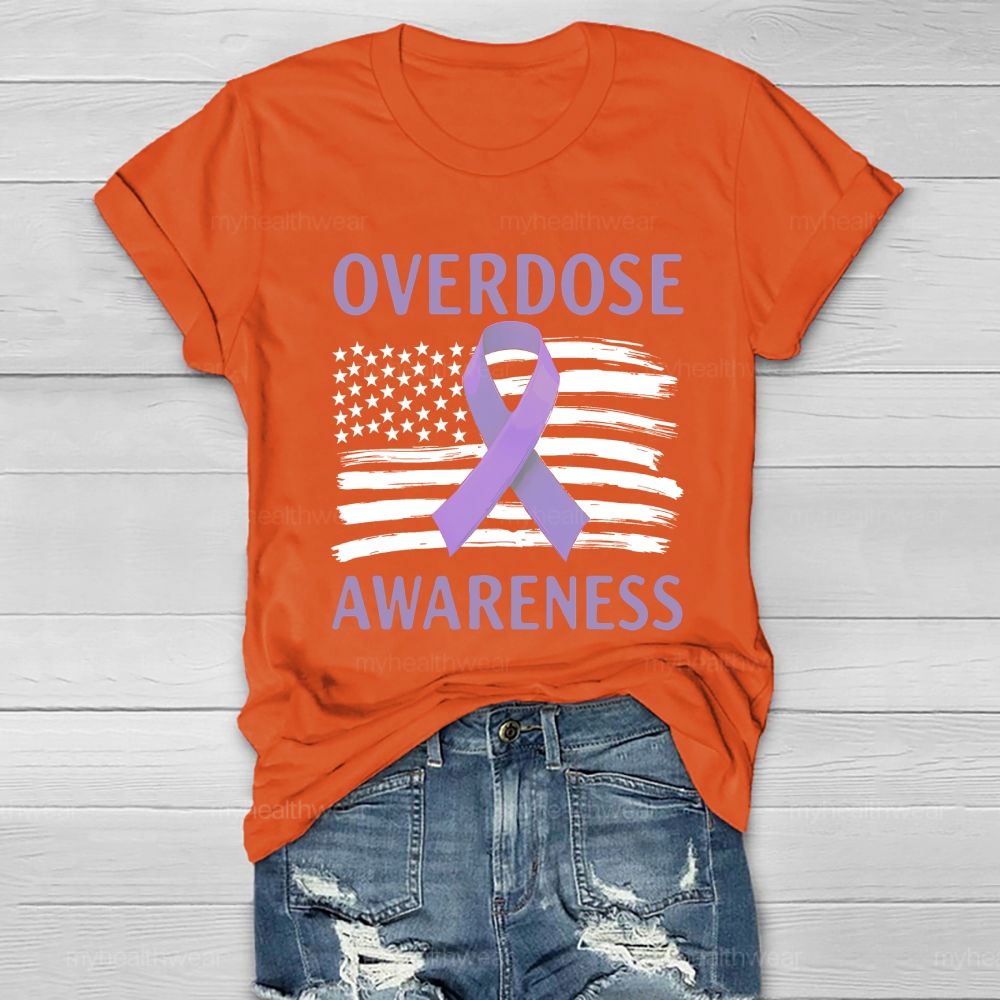 Overdose Awareness Purple Ribbon Flag Healthwear T-shirt