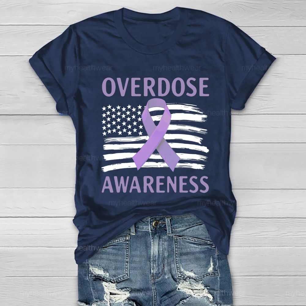 Overdose Awareness Purple Ribbon Flag Healthwear T-shirt