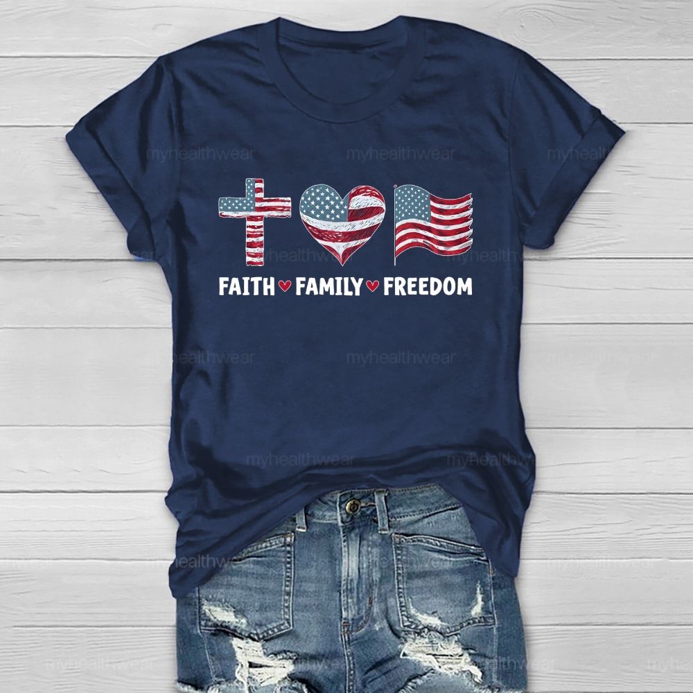 Faith Family Freedom Flag Cross Healthwear T-shirt