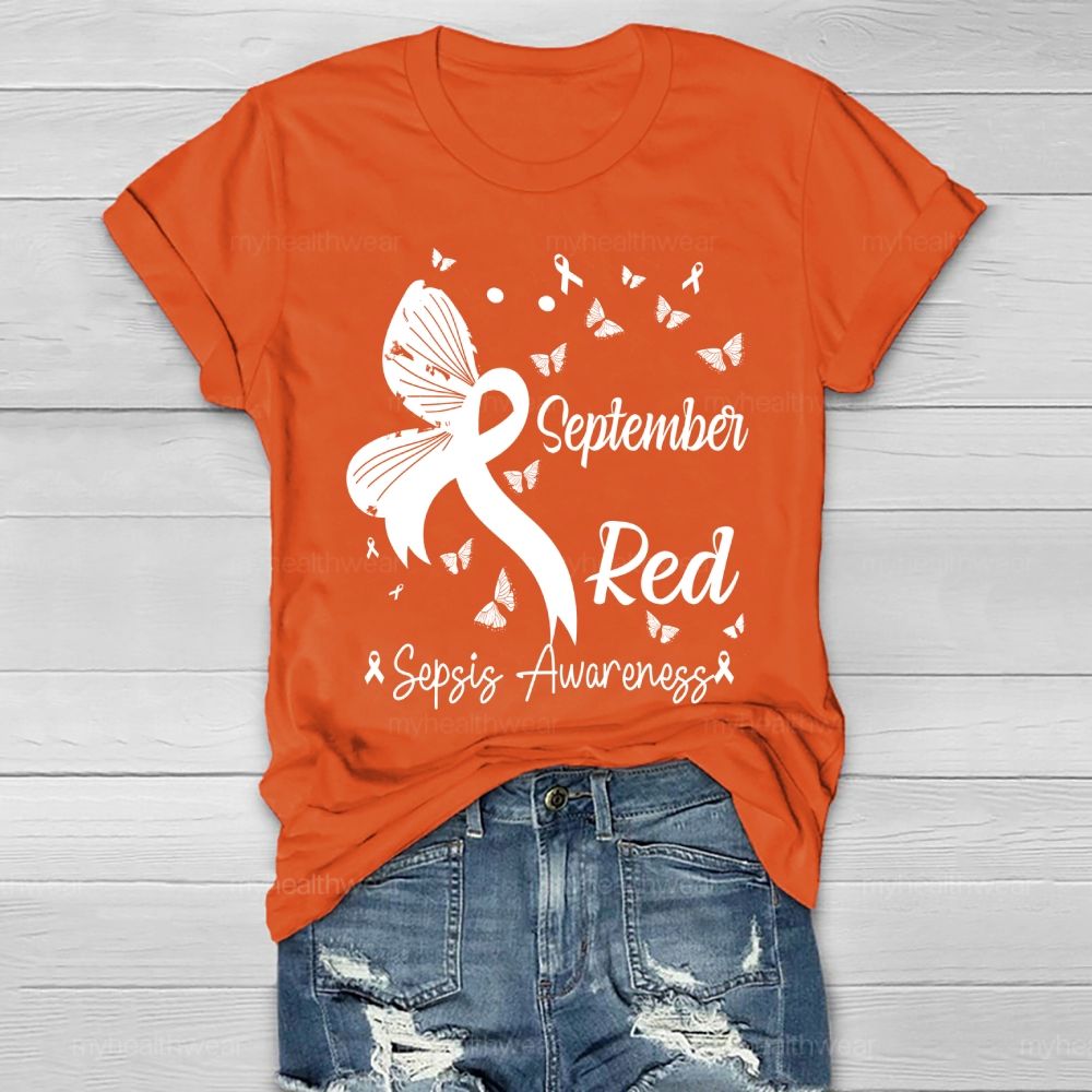 September Red Sepsis Awareness Butterfly Healthwear T-shirt