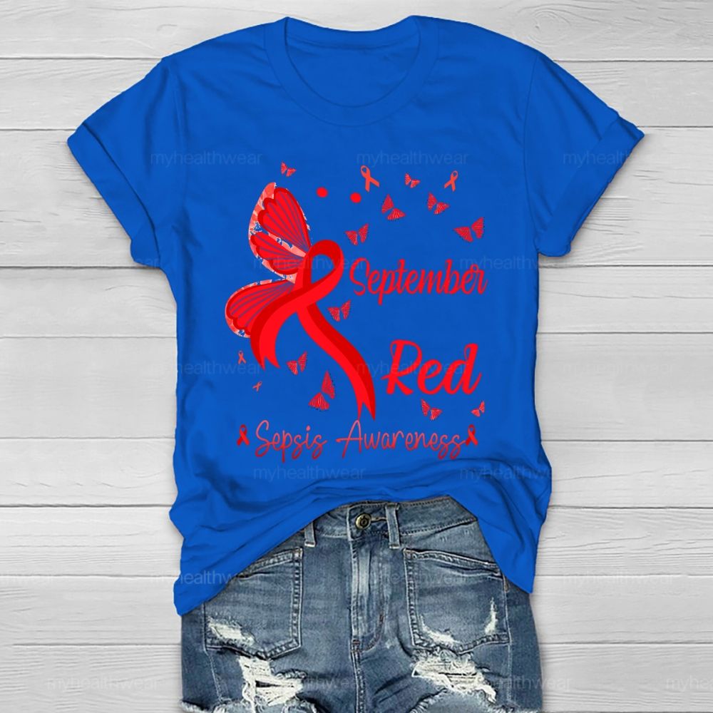 September Red Sepsis Awareness Butterfly Healthwear T-shirt