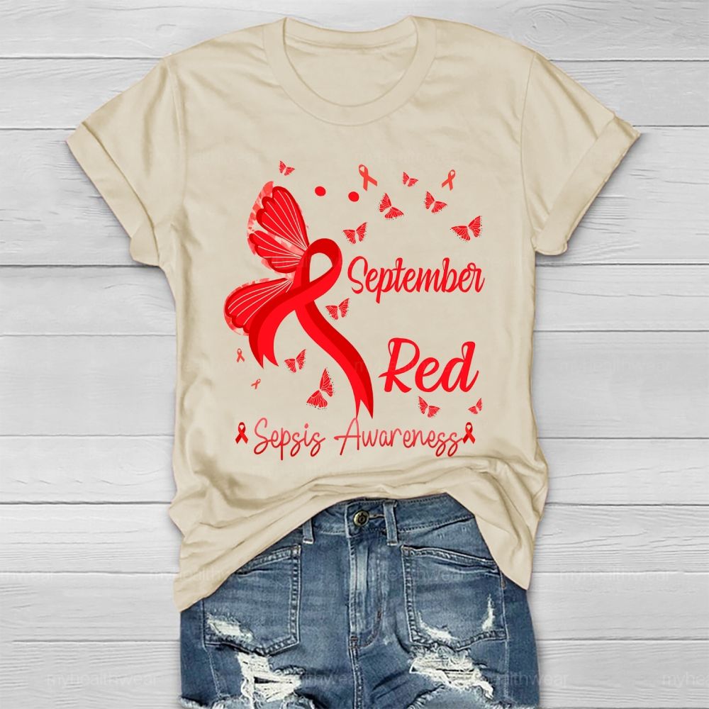 September Red Sepsis Awareness Butterfly Healthwear T-shirt