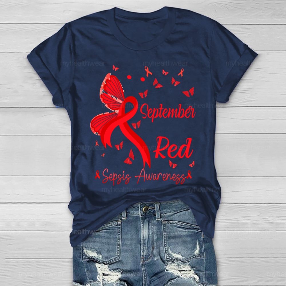 September Red Sepsis Awareness Butterfly Healthwear T-shirt