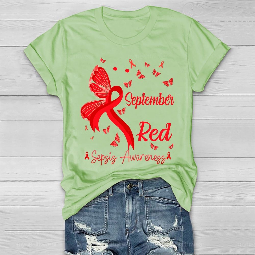 September Red Sepsis Awareness Butterfly Healthwear T-shirt