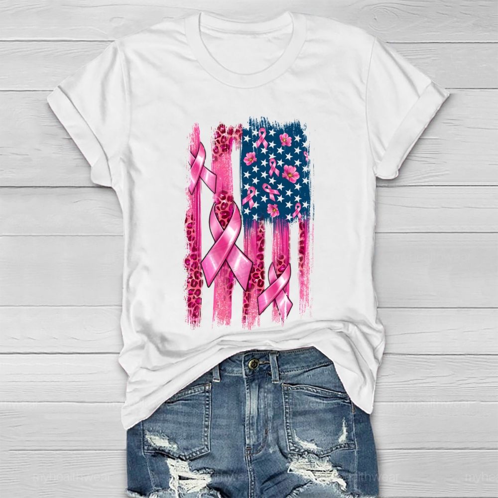 Pink Ribbon Leopard Print Flag Healthwear T-shirt