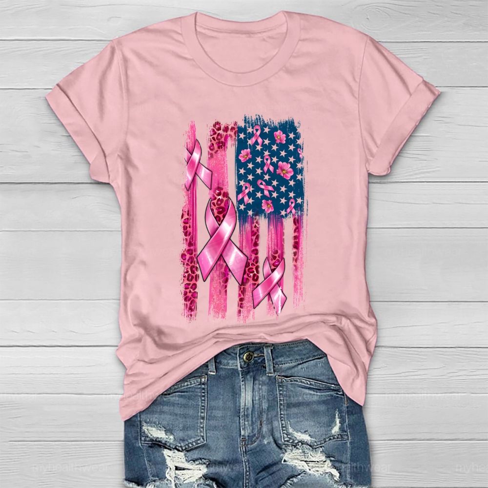 Pink Ribbon Leopard Print Flag Healthwear T-shirt