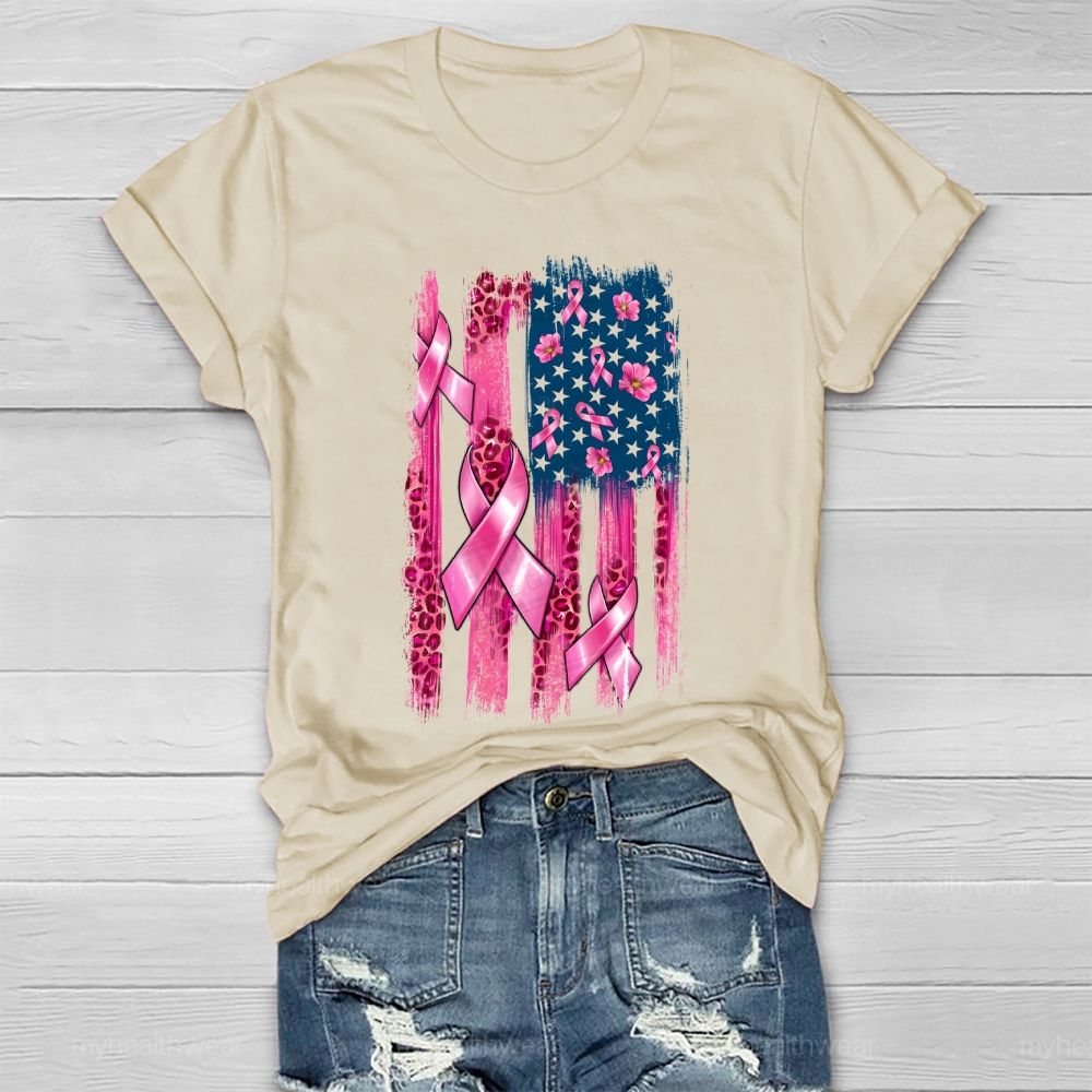 Pink Ribbon Leopard Print Flag Healthwear T-shirt