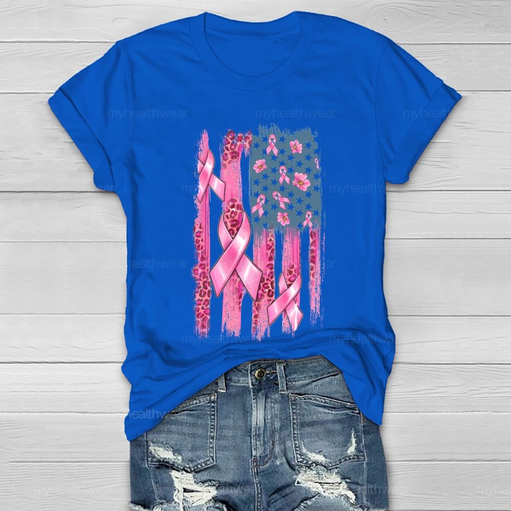 Pink Ribbon Leopard Print Flag Healthwear T-shirt