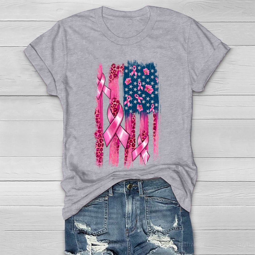 Pink Ribbon Leopard Print Flag Healthwear T-shirt