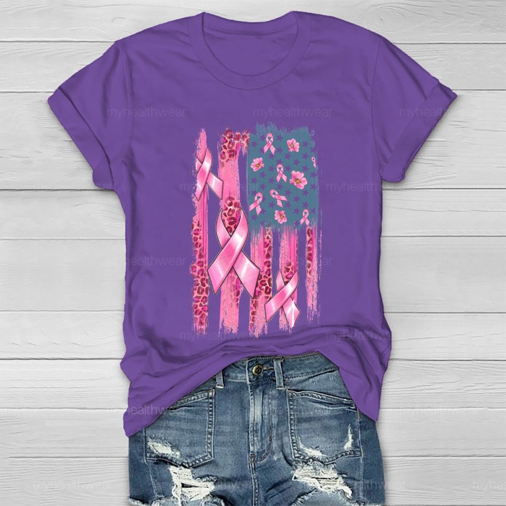 Pink Ribbon Leopard Print Flag Healthwear T-shirt