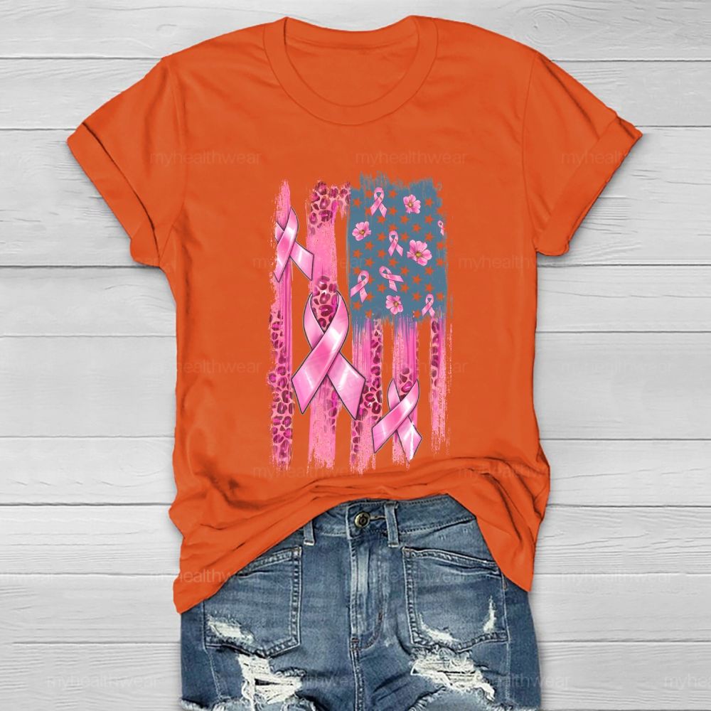 Pink Ribbon Leopard Print Flag Healthwear T-shirt
