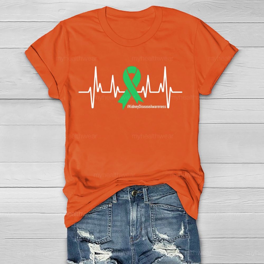 Kidney Disease Awareness Heartbeat Green Ribbon Healthwear T-shirt