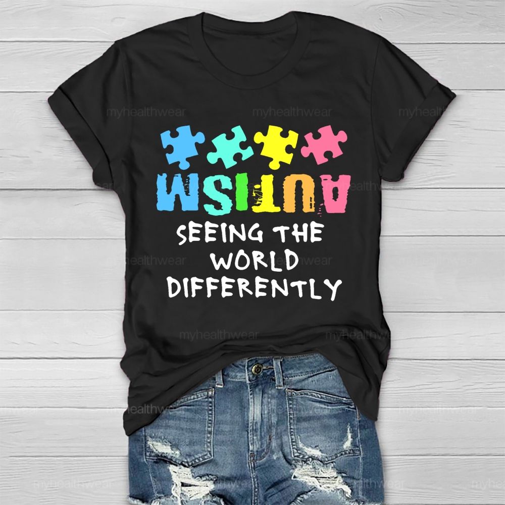 Seeing The World Differently Autism Awareness Colorful Letters Puzzle Healthwear T-shirt