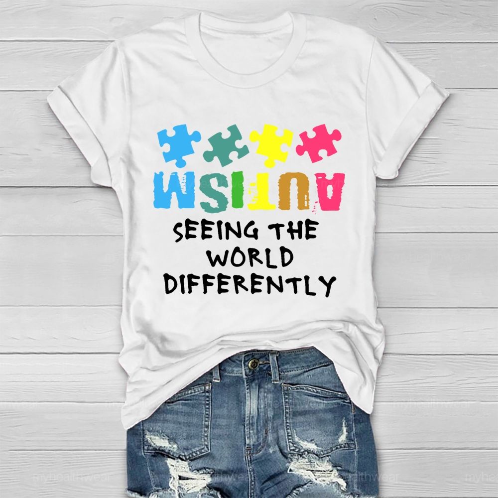 Seeing The World Differently Autism Awareness Colorful Letters Puzzle Healthwear T-shirt