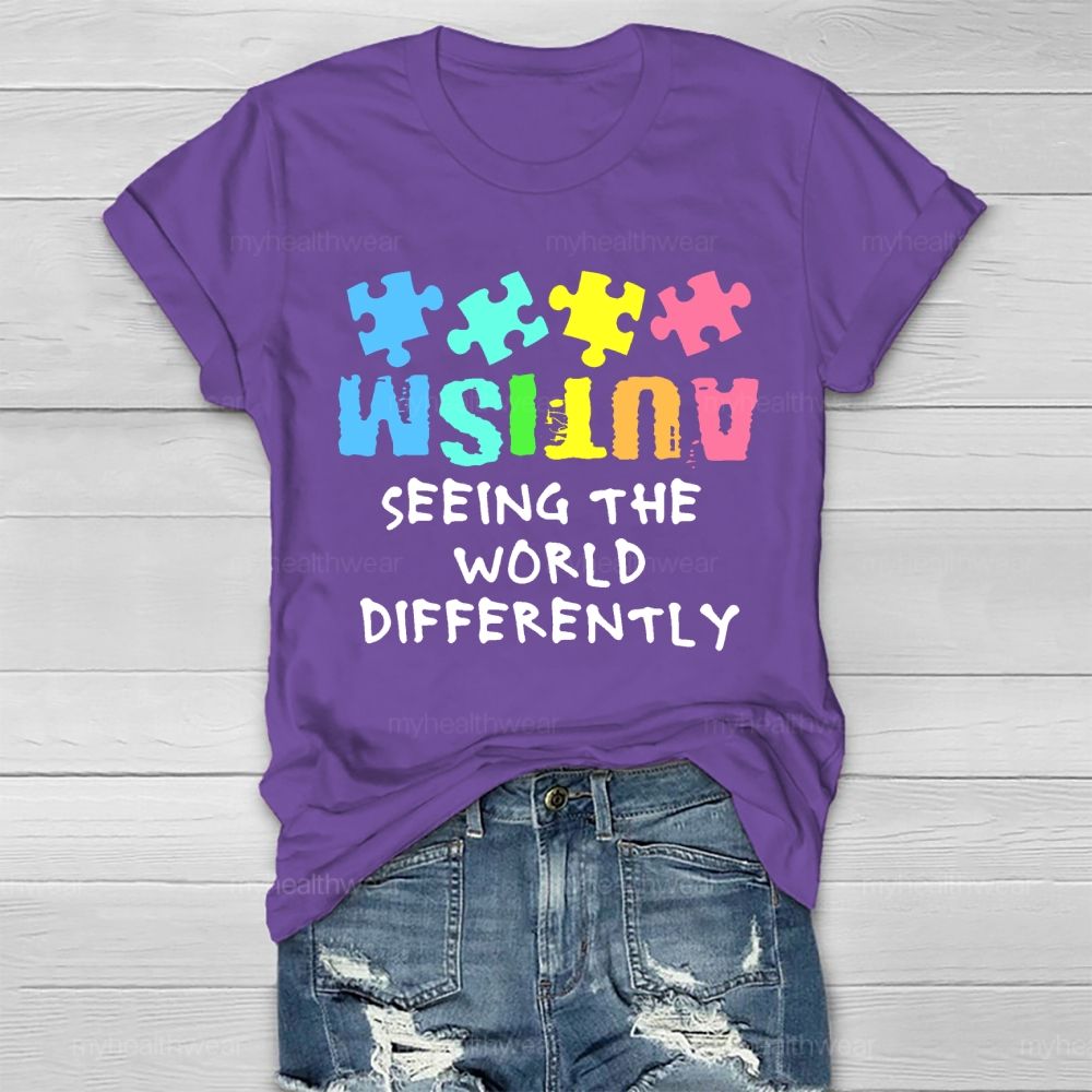 Seeing The World Differently Autism Awareness Colorful Letters Puzzle Healthwear T-shirt