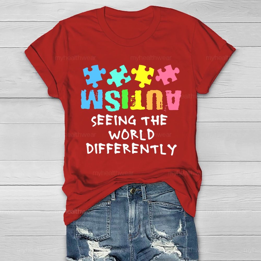 Seeing The World Differently Autism Awareness Colorful Letters Puzzle Healthwear T-shirt
