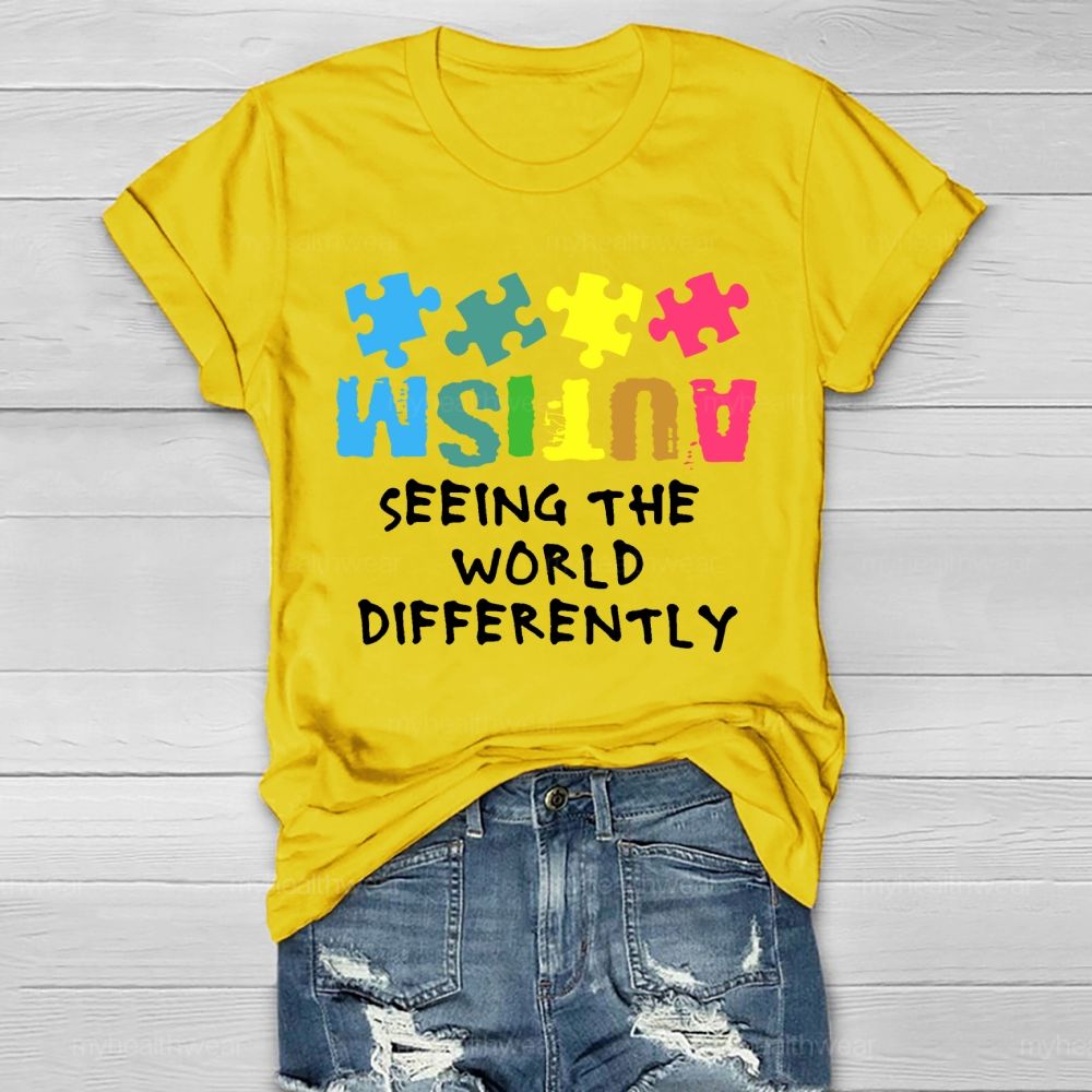 Seeing The World Differently Autism Awareness Colorful Letters Puzzle Healthwear T-shirt