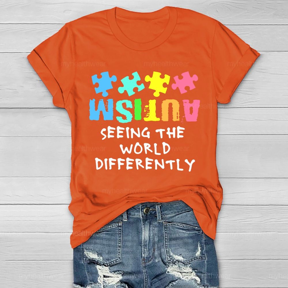 Seeing The World Differently Autism Awareness Colorful Letters Puzzle Healthwear T-shirt