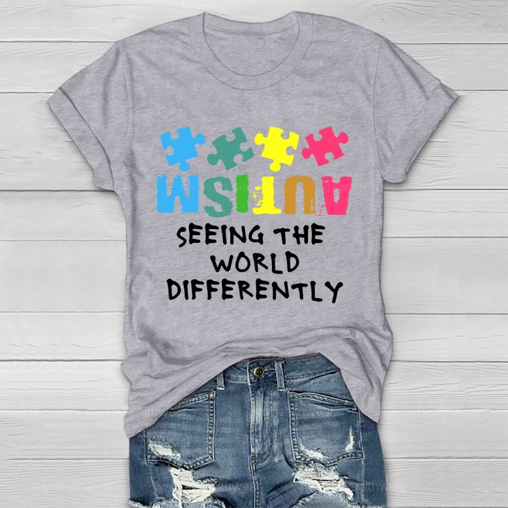 Seeing The World Differently Autism Awareness Colorful Letters Puzzle Healthwear T-shirt