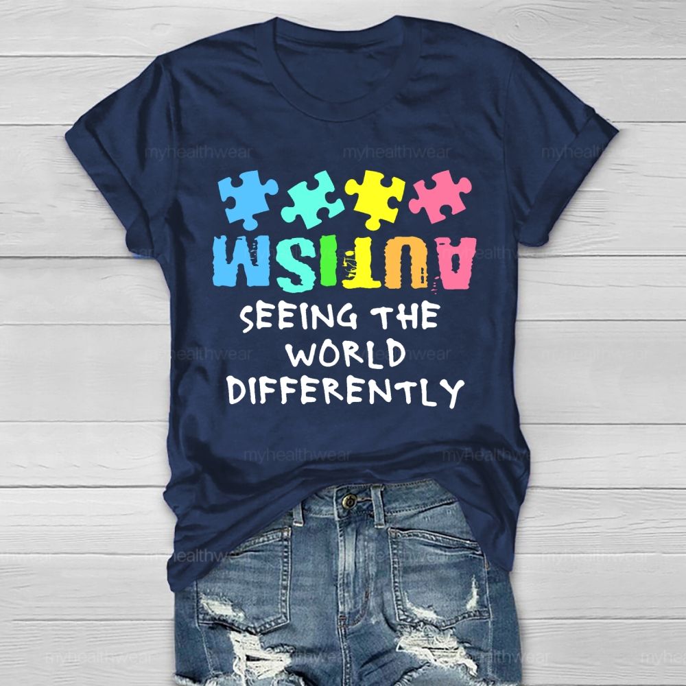 Seeing The World Differently Autism Awareness Colorful Letters Puzzle Healthwear T-shirt