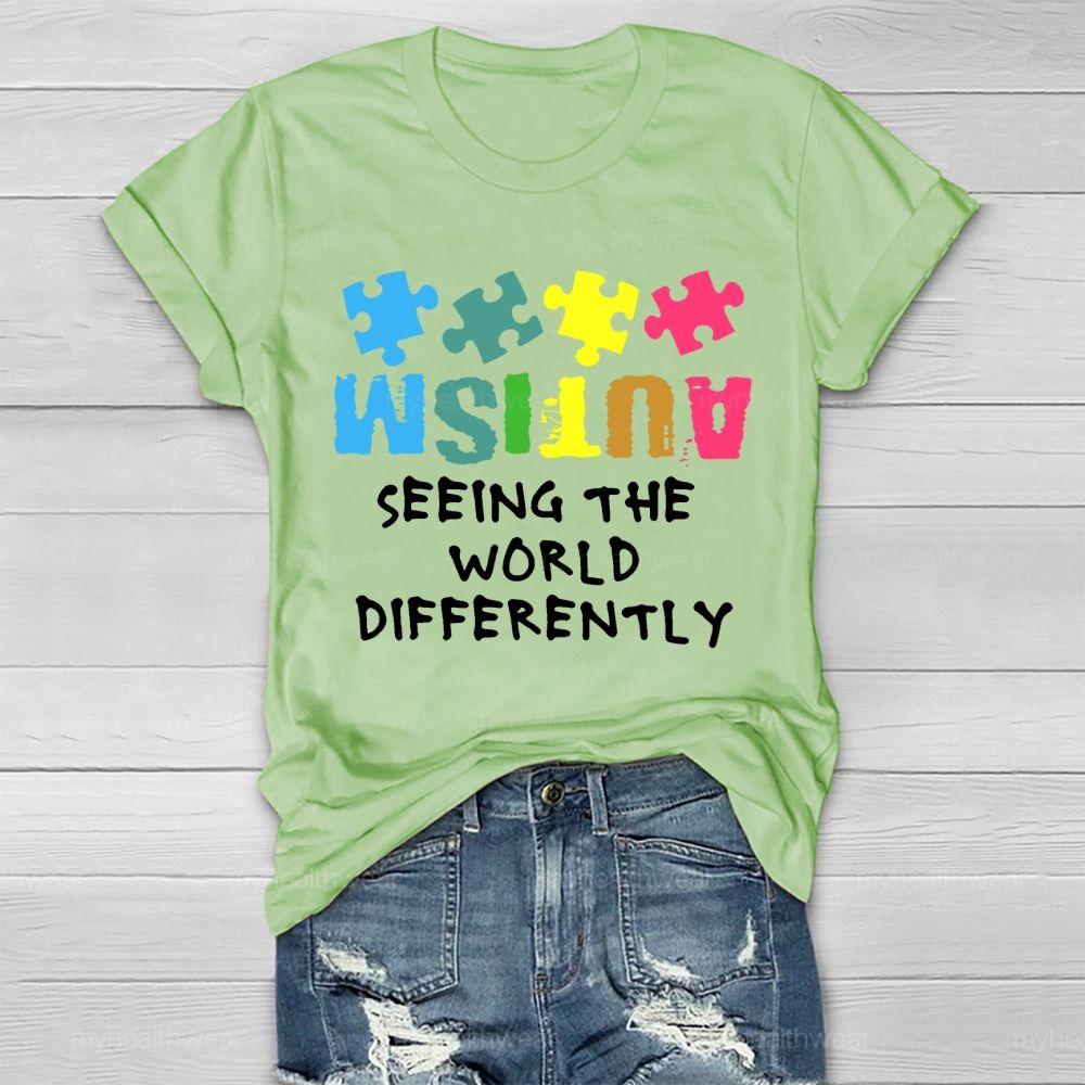 Seeing The World Differently Autism Awareness Colorful Letters Puzzle Healthwear T-shirt