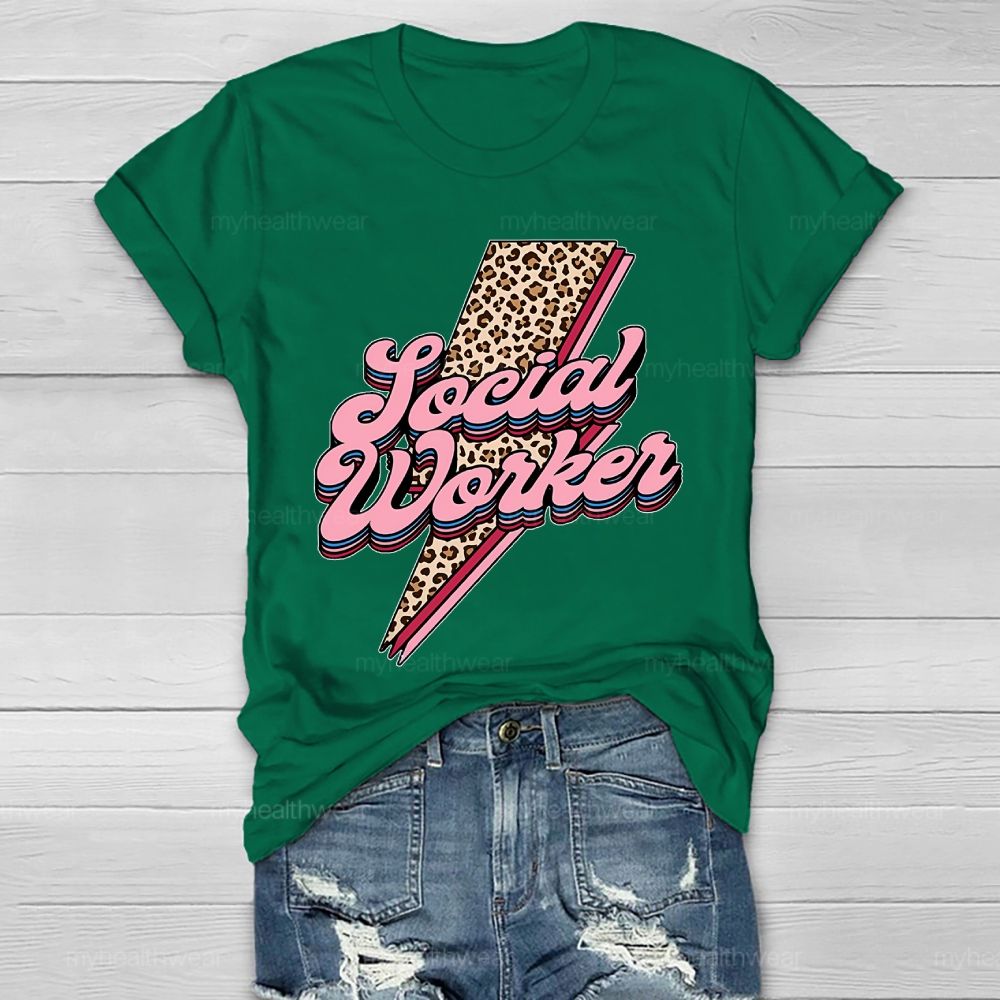 Social Worker Leopard Print Lightning Healthwear T-shirt