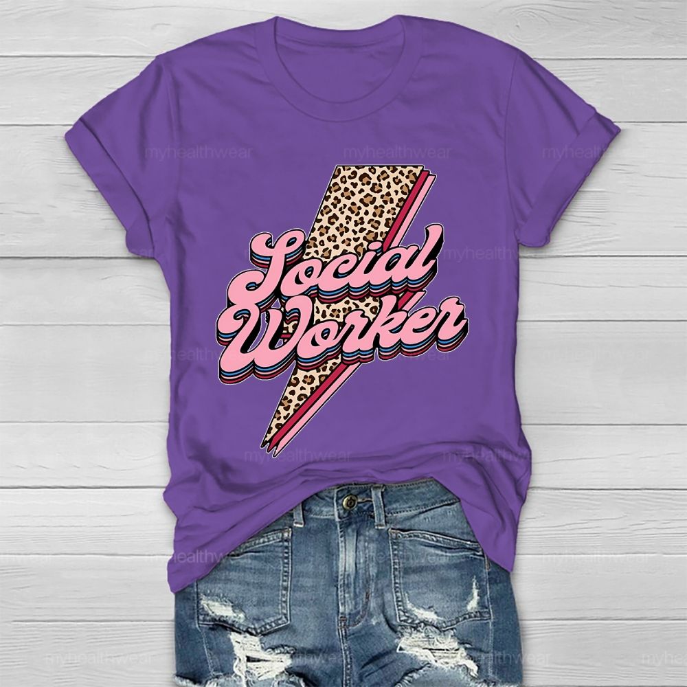 Social Worker Leopard Print Lightning Healthwear T-shirt